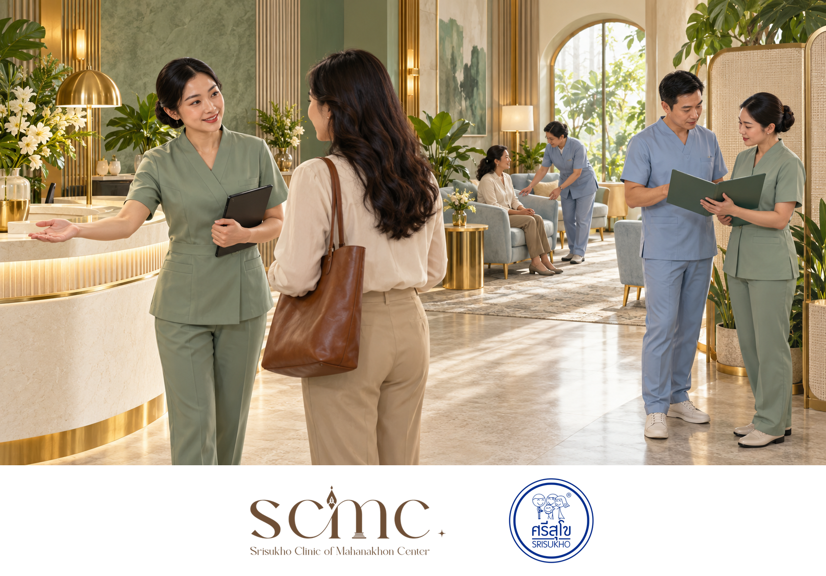 Illustration of a clinic team welcoming visitors and coordinating care in a cream-and-sage interior.