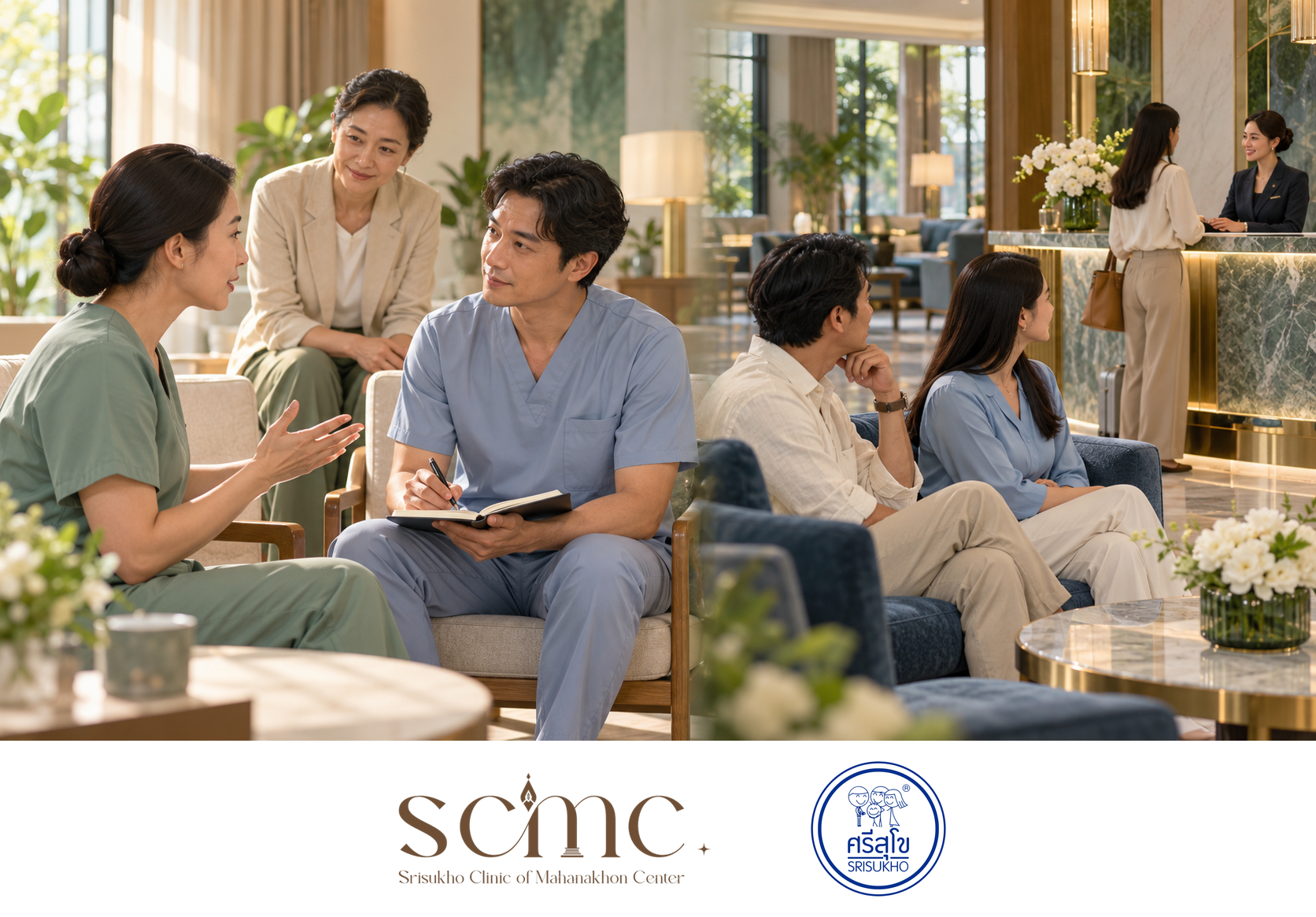Two-scene illustration of a team listening exercise and guests observing a welcome in a hotel lobby.